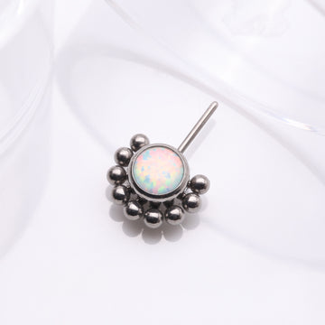 Detail View 1 of Implant Grade Titanium OneFit Threadless Bali Beaded Floral Fire Opal Front Facing Part-White Opal